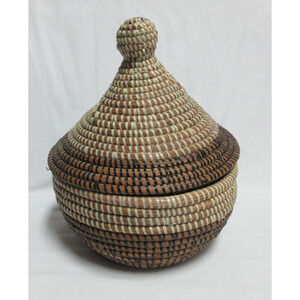 African Fair Trade Handwoven Warming Basket Large Tan Black Brown 12" Tall